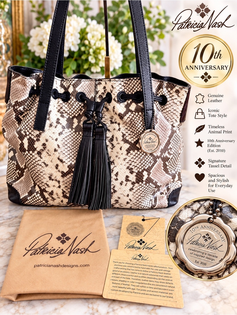 Patricia Nash 10th Anniversary Leather Python Print Tassel Tote + Dust Bag